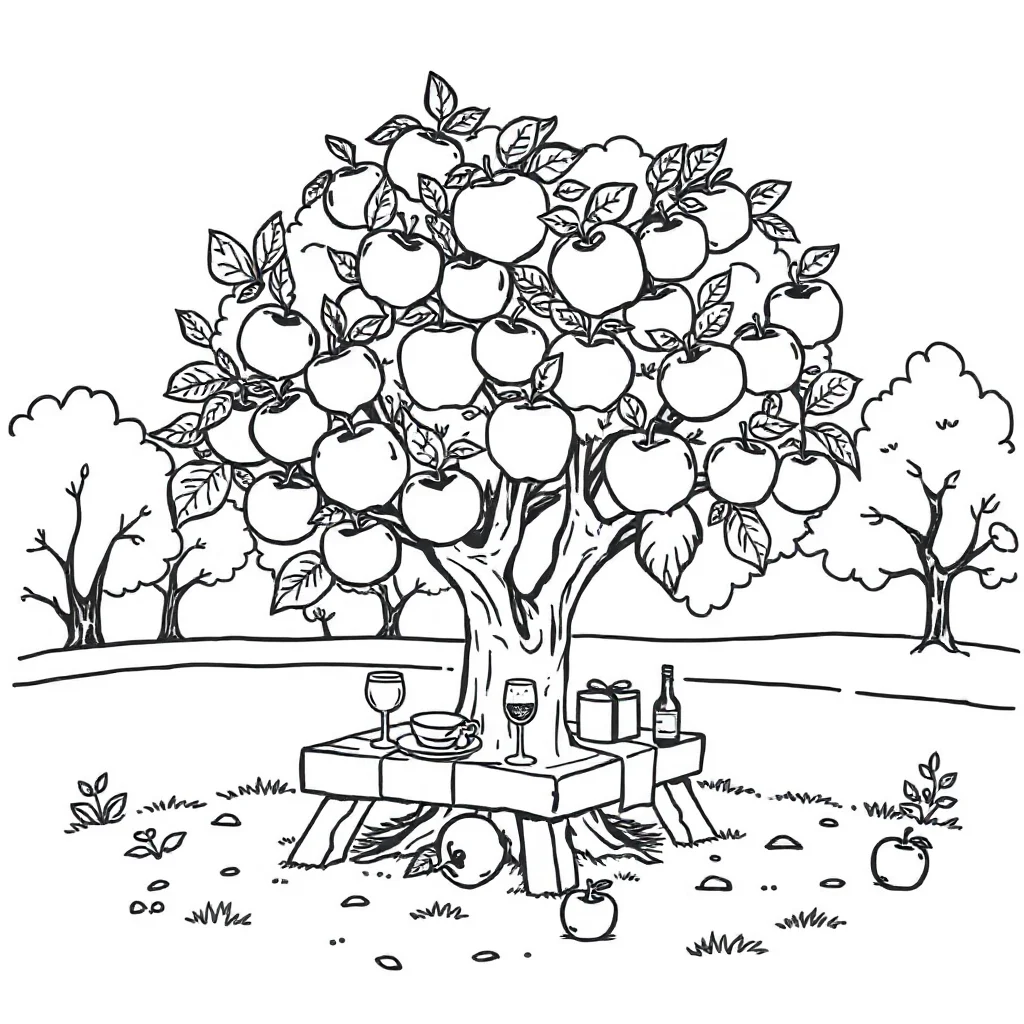 Trees an apple tree having a picnic — classic trees coloring page (ages 5–10)
