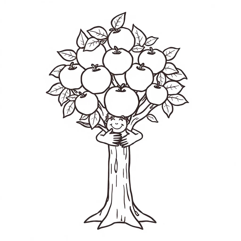 Trees an apple tree hugging a friend — easy trees coloring page (ages 2–5)