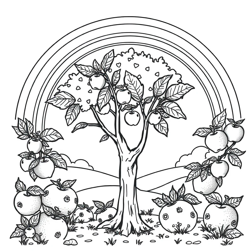 Trees an apple tree under a rainbow — classic trees coloring page (ages 5–10)