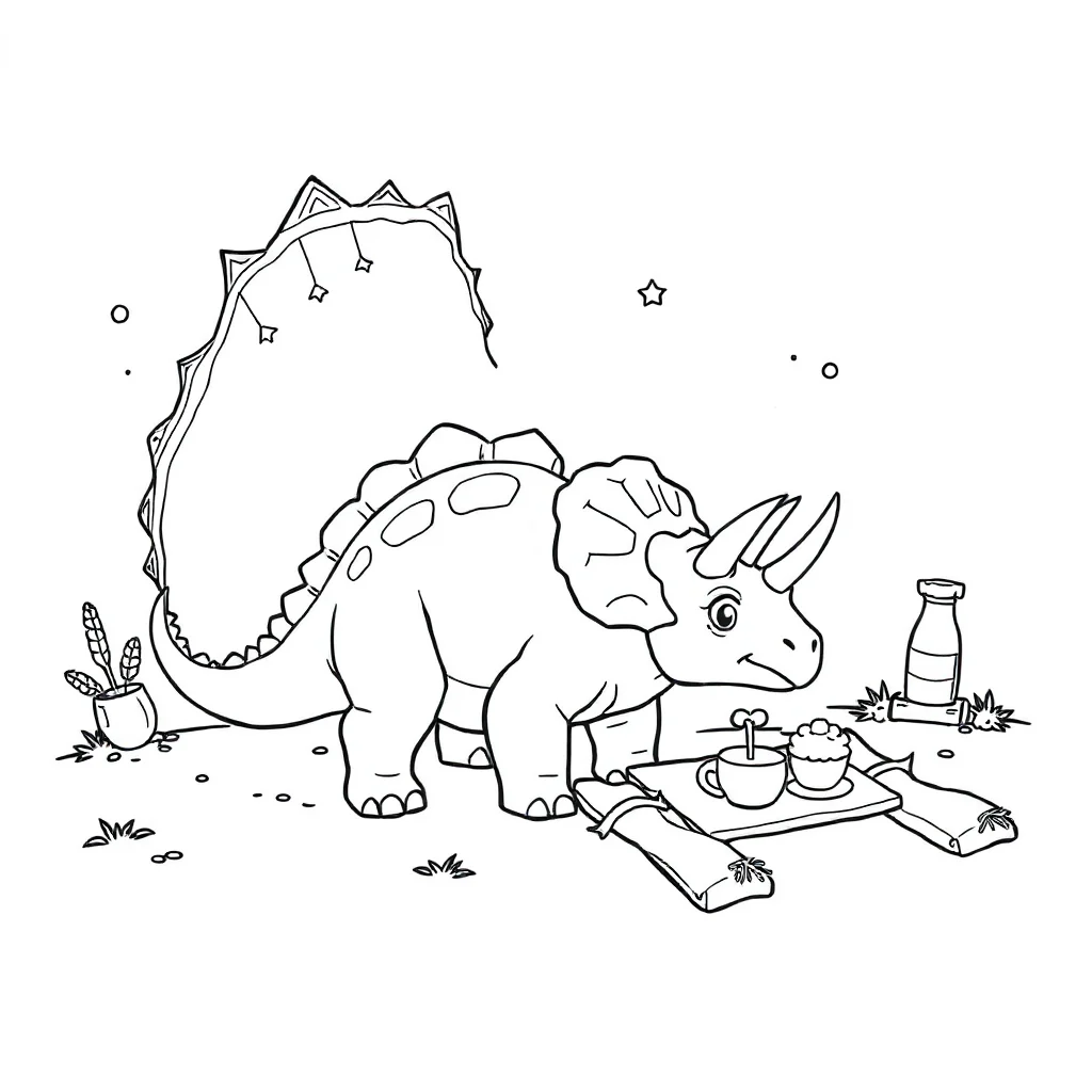 Triceratops a baby triceratops having a picnic — classic triceratops coloring page (ages 5–10)