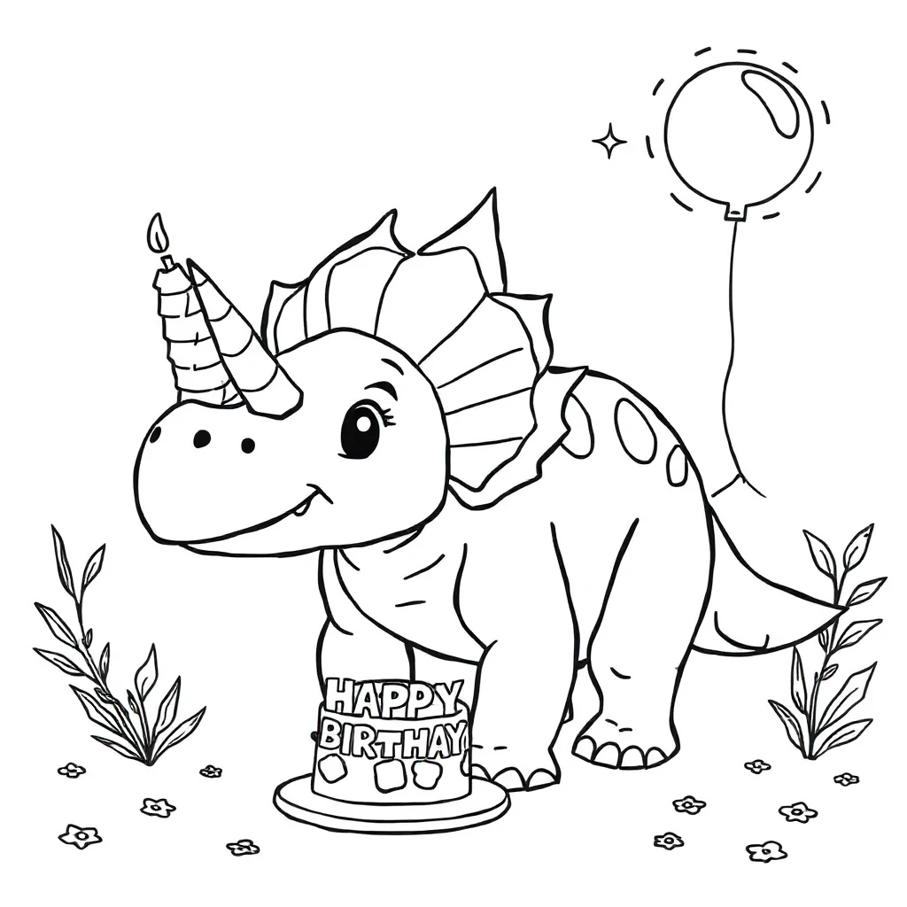Triceratops a cute triceratops celebrating a birthday — classic triceratops coloring page (ages 5–10)