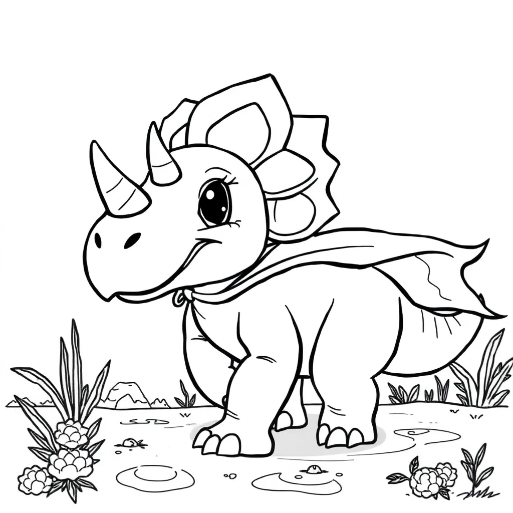 Triceratops a cute triceratops in a superhero cape — classic triceratops coloring page (ages 5–10)