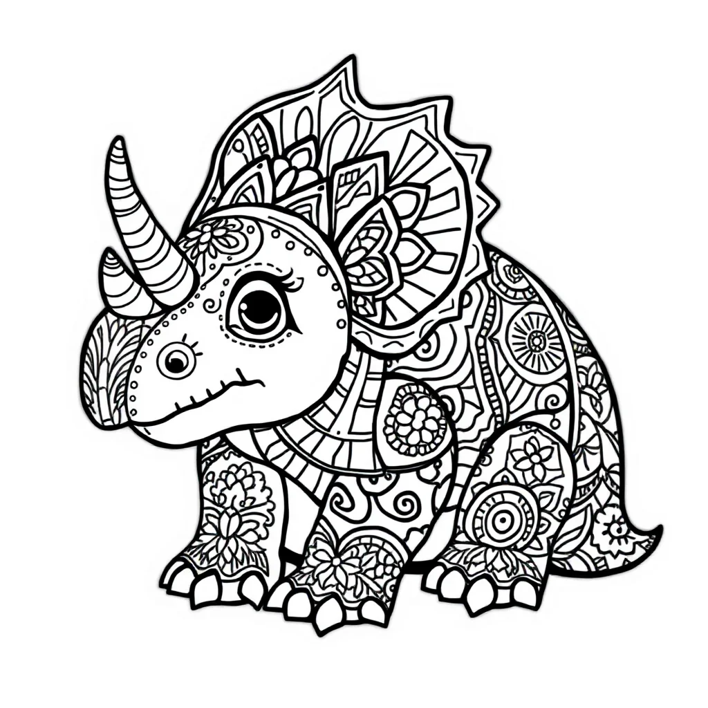 Triceratops a cute triceratops sitting — detailed triceratops coloring page (ages 9+ & adults)