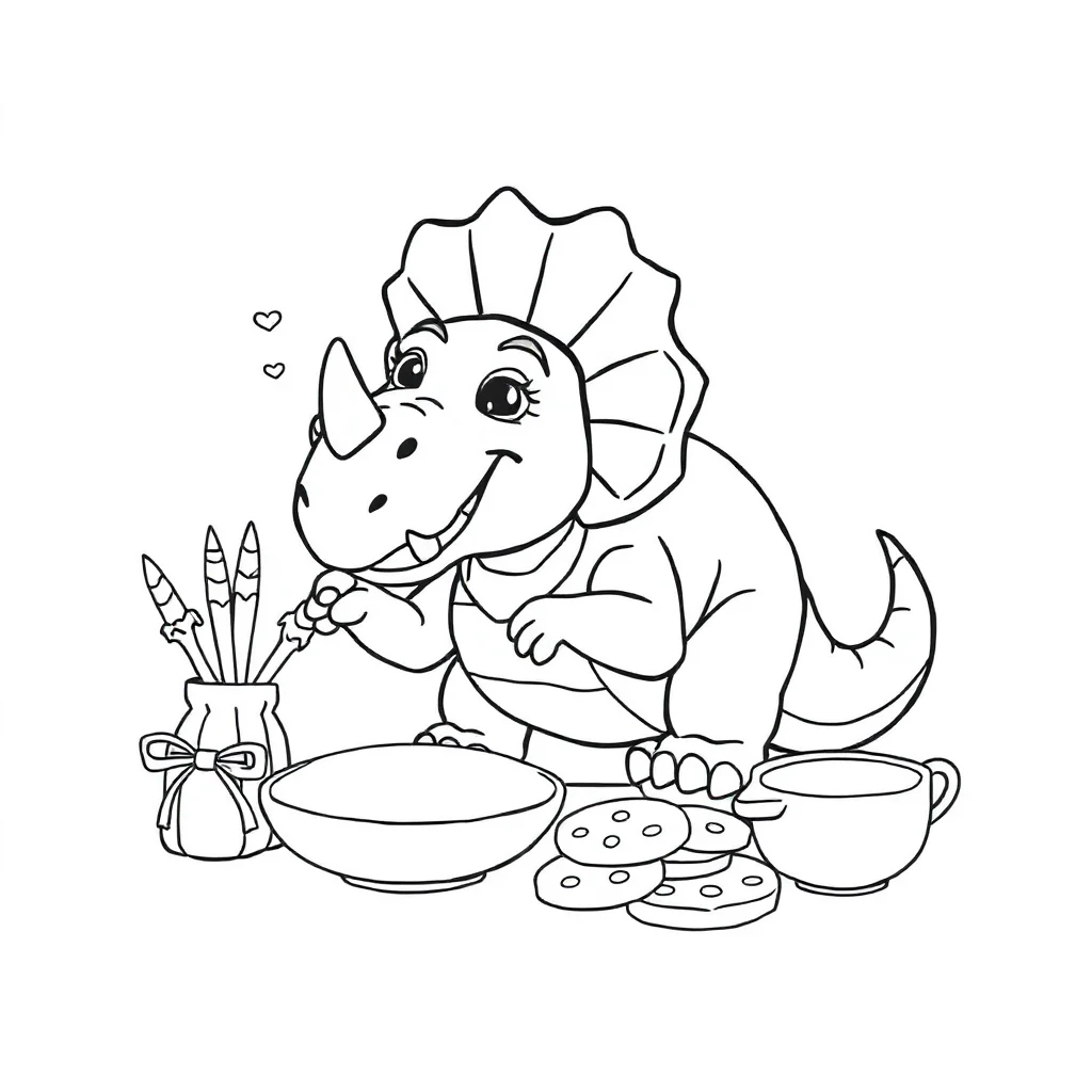 Triceratops a friendly triceratops baking cookies — classic triceratops coloring page (ages 5–10)