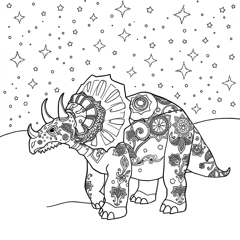 Triceratops a friendly triceratops under the night sky with stars — detailed triceratops coloring page (ages 9+ & adults)