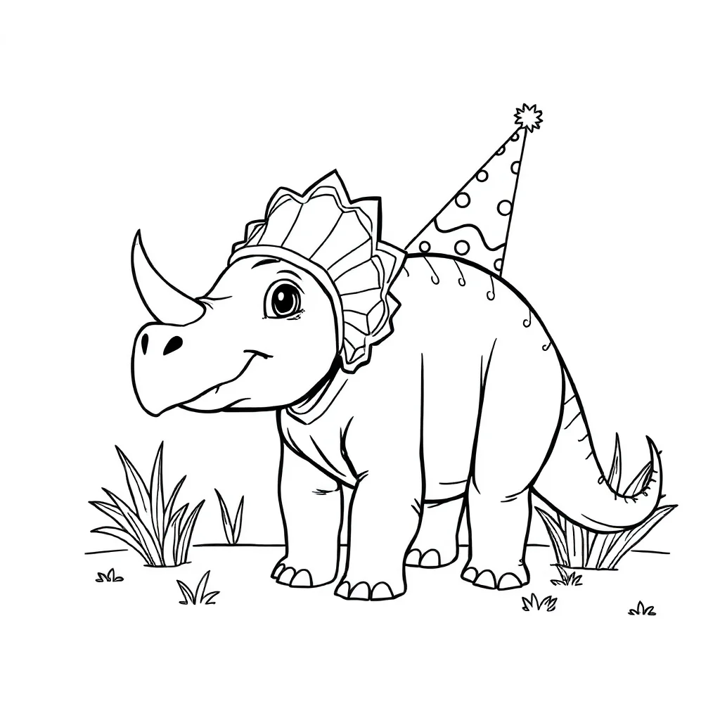 Triceratops a friendly triceratops wearing a party hat — classic triceratops coloring page (ages 5–10)