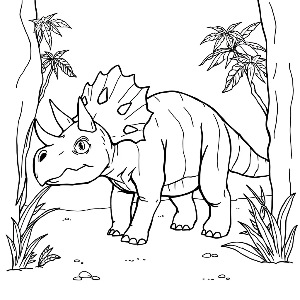 Triceratops a triceratops walking peeking from behind something — classic triceratops coloring page (ages 5–10)