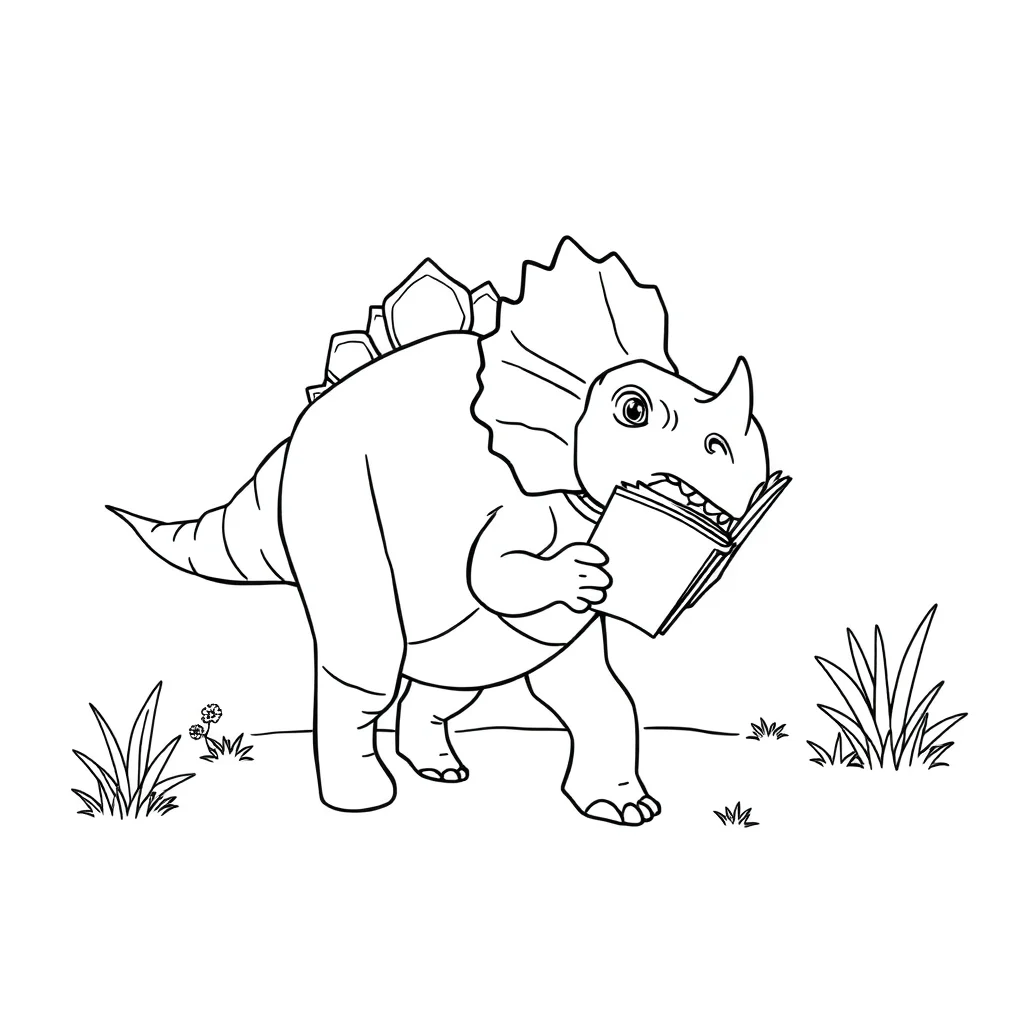 Triceratops a triceratops walking reading a book — classic triceratops coloring page (ages 5–10)