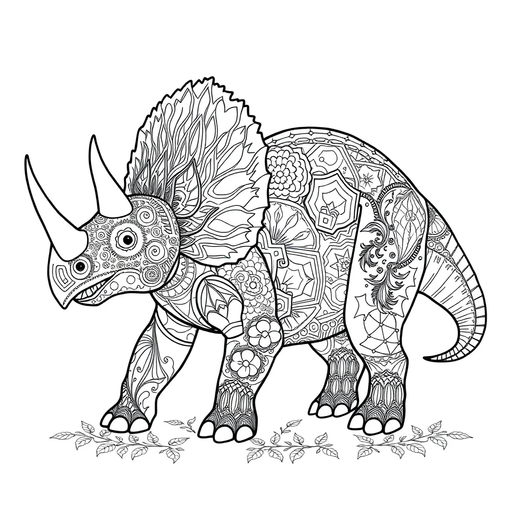 Triceratops a triceratops walking sleeping curled up — detailed triceratops coloring page (ages 9+ & adults)