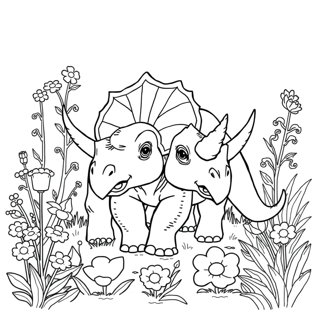 Triceratops a triceratops with three horns in a flower garden — classic triceratops coloring page (ages 5–10)