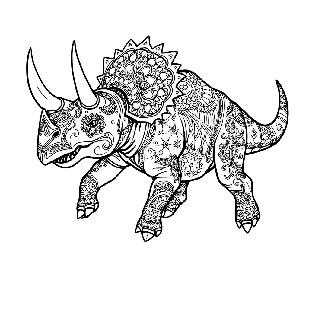 Triceratops a triceratops with three horns leaping mid air — detailed triceratops coloring page (ages 9+ & adults)