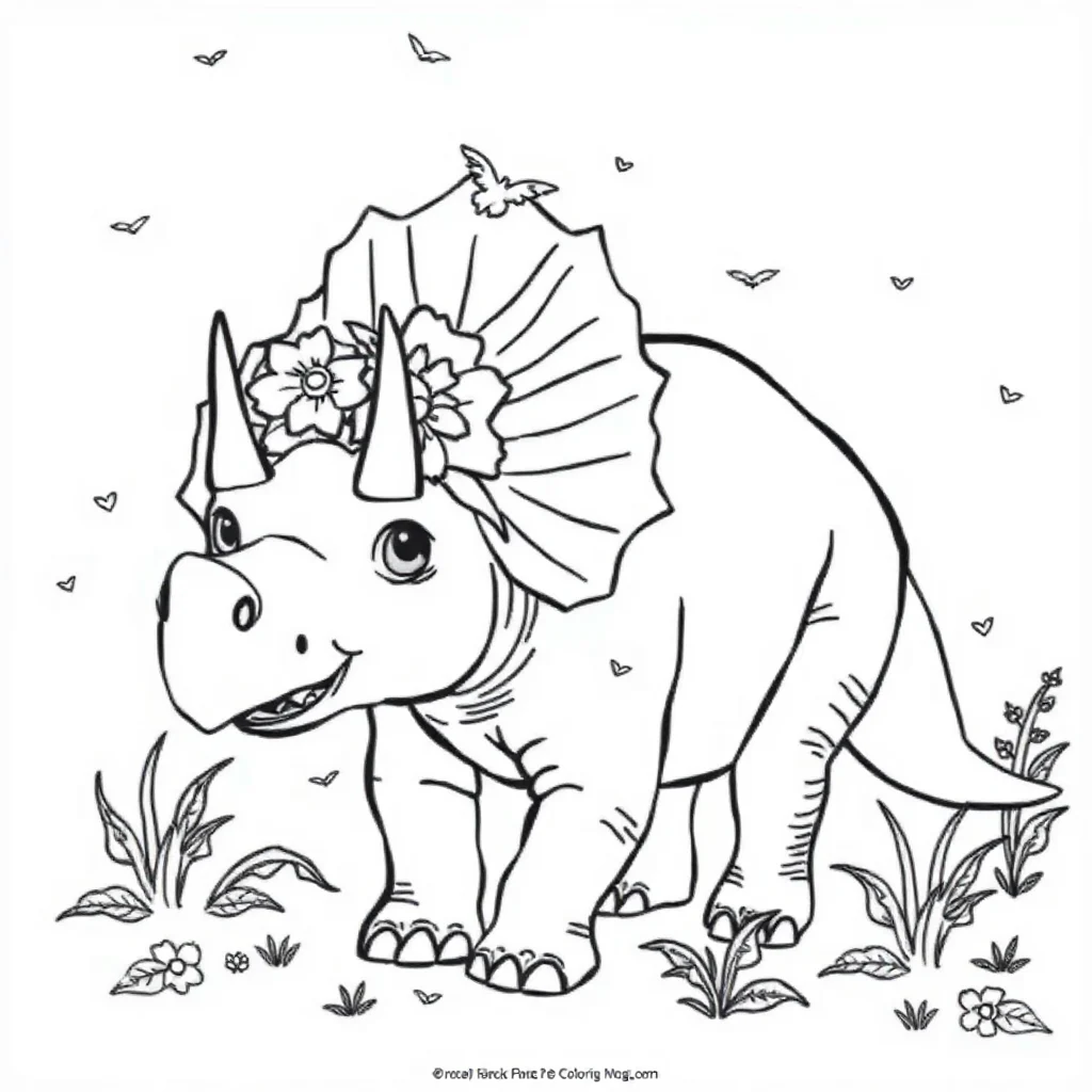 Triceratops a triceratops with three horns wearing a flower crown — classic triceratops coloring page (ages 5–10)