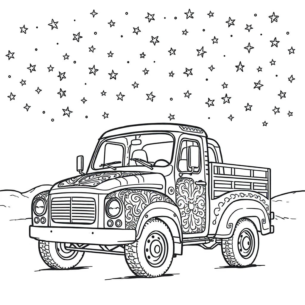 Trucks a cute truck under the night sky with stars — detailed trucks coloring page (ages 9+ & adults)