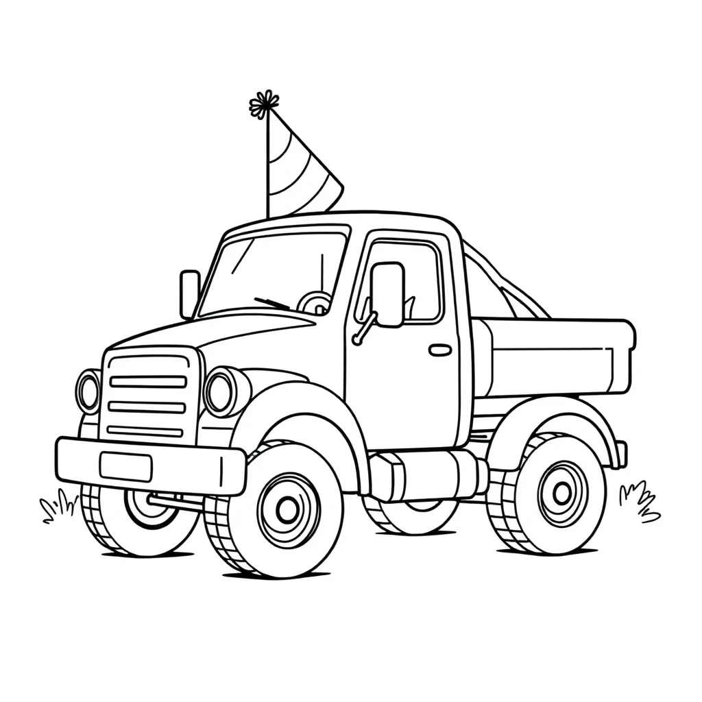 Trucks a cute truck wearing a party hat — classic trucks coloring page (ages 5–10)