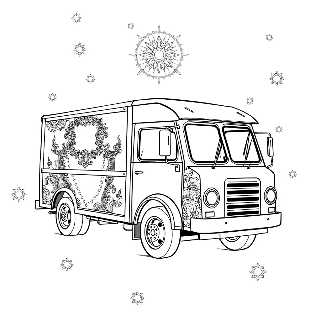 Trucks a delivery truck dancing — detailed trucks coloring page (ages 9+ & adults)