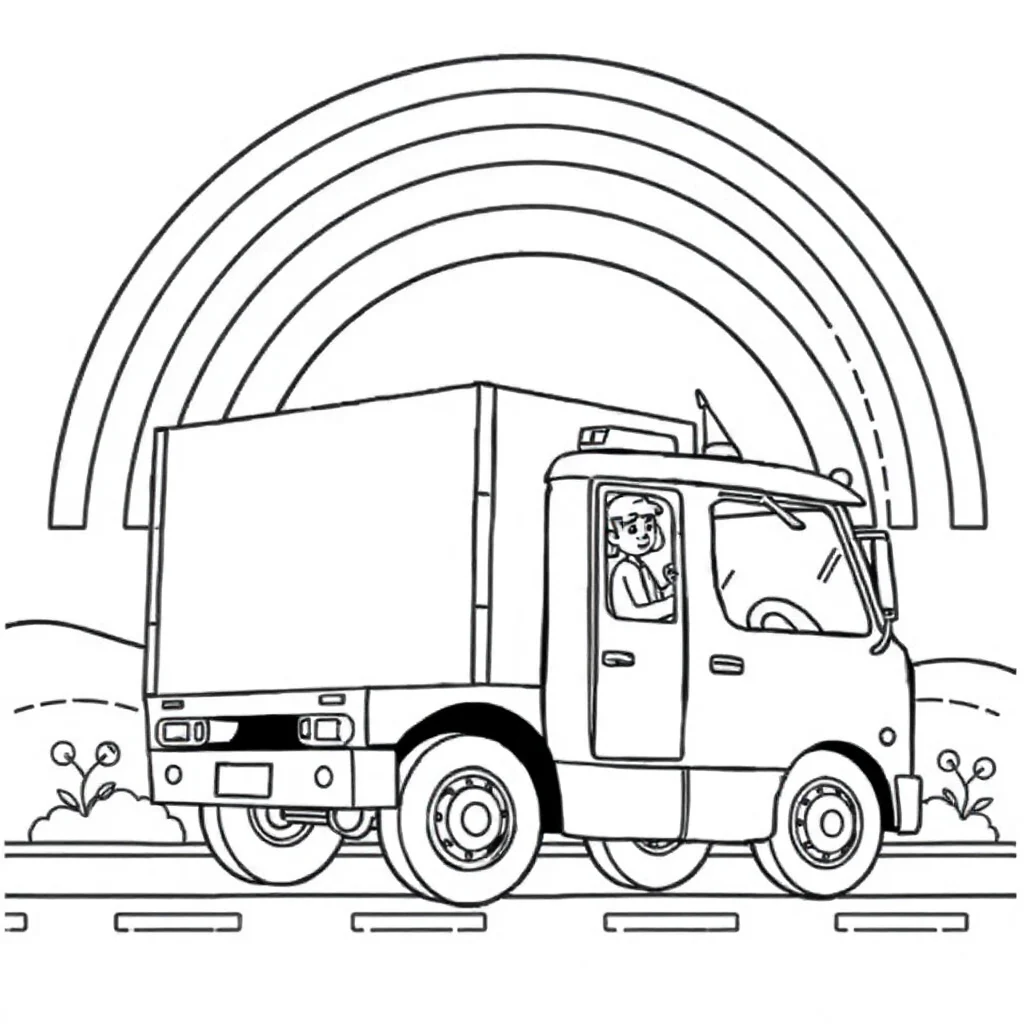 Trucks a delivery truck under a rainbow — classic trucks coloring page (ages 5–10)