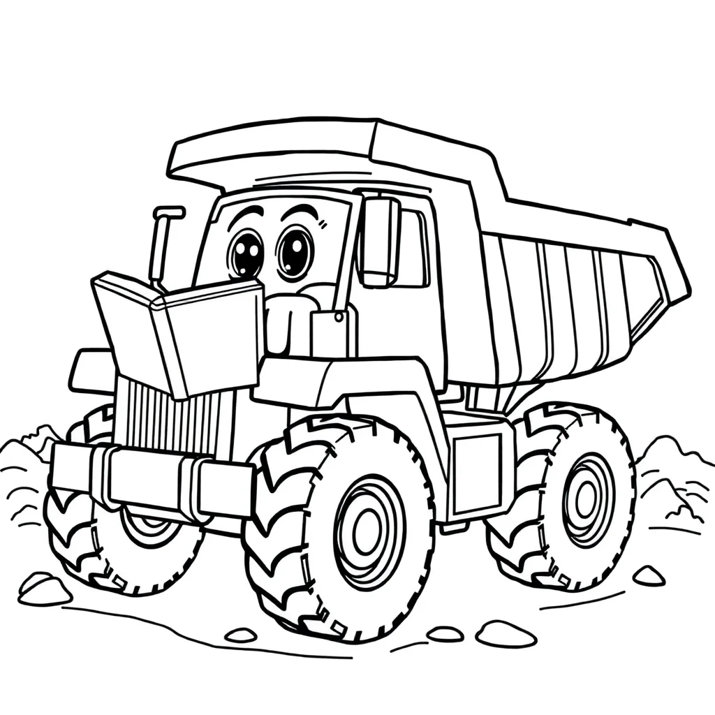 Trucks a dump truck reading a book — classic trucks coloring page (ages 5–10)