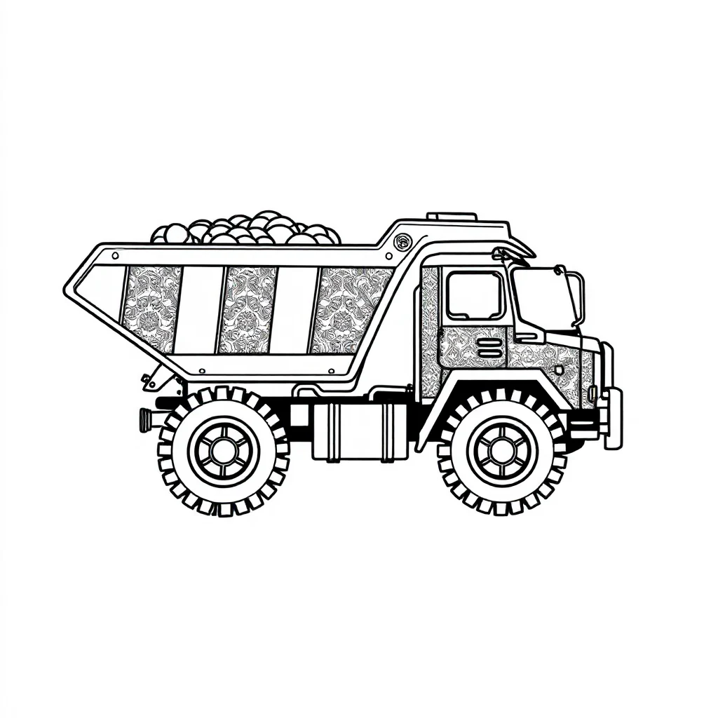 Trucks a dump truck sleeping curled up — detailed trucks coloring page (ages 9+ & adults)