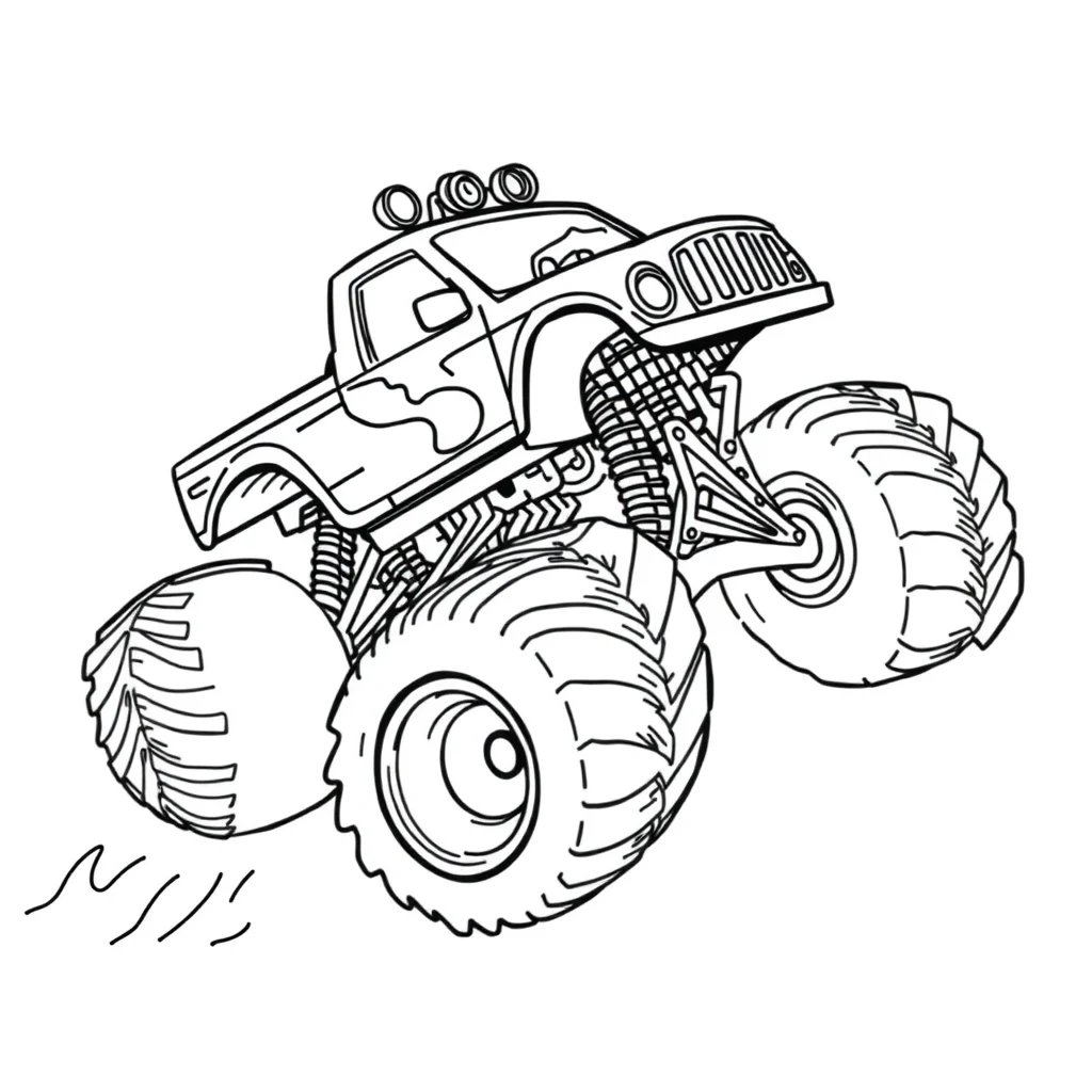 Trucks a monster truck flying — easy trucks coloring page (ages 2–5)