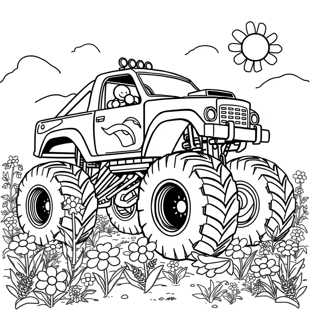 Trucks a monster truck in a flower garden — classic trucks coloring page (ages 5–10)