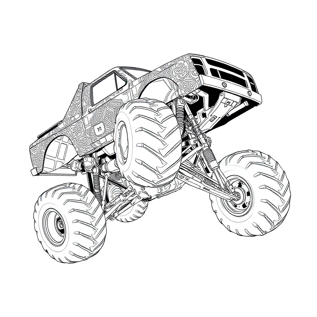 Trucks a monster truck leaping mid air — detailed trucks coloring page (ages 9+ & adults)