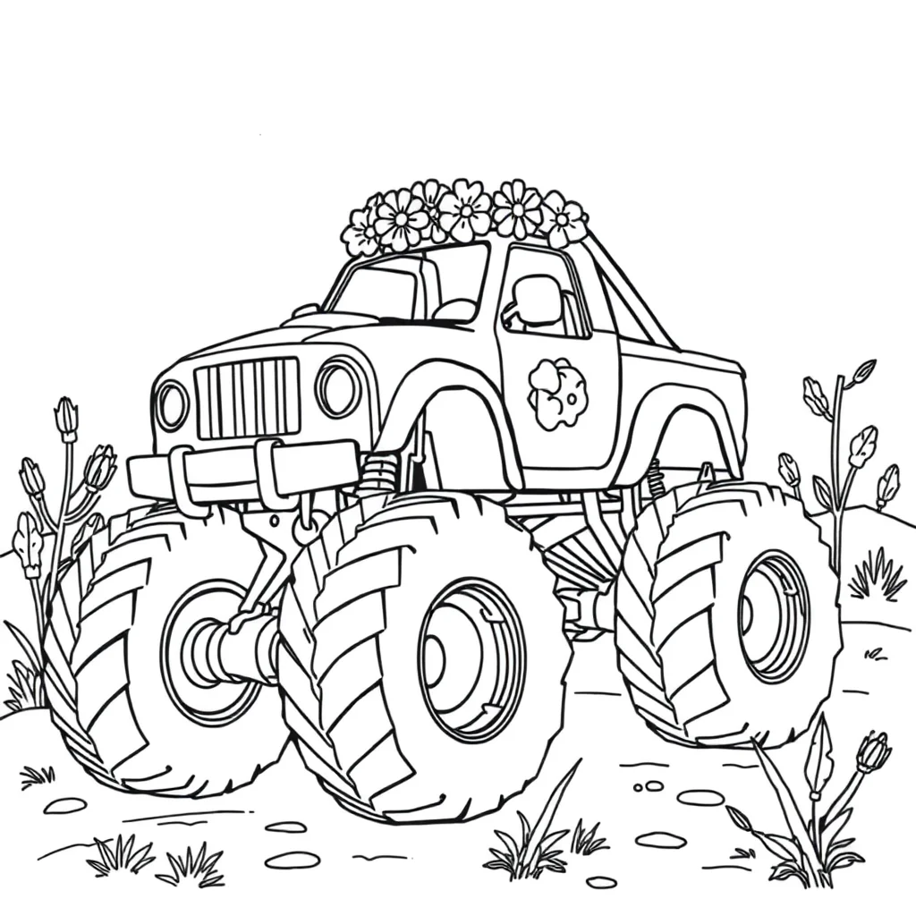 Trucks a monster truck wearing a flower crown — classic trucks coloring page (ages 5–10)