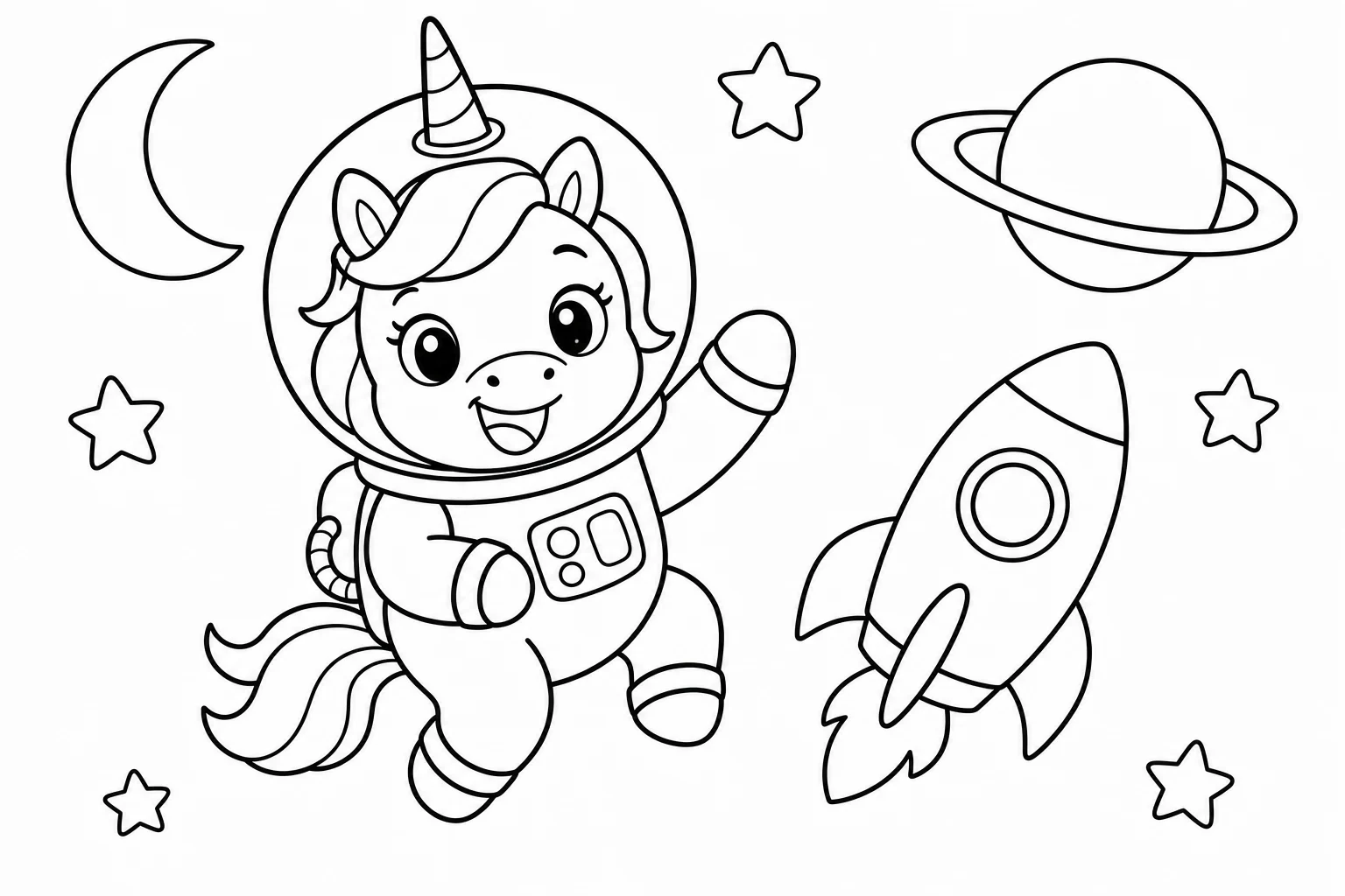 Unicorns astronaut unicorn — classic unicorns coloring page (ages 5–10)