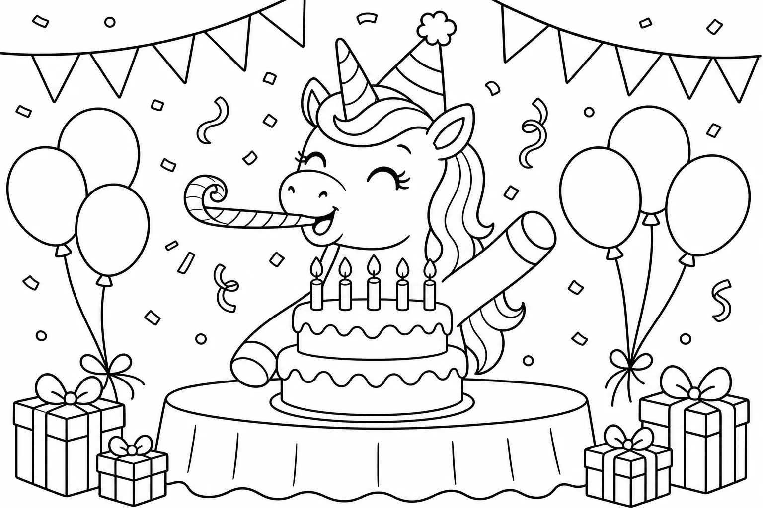 Unicorns birthday unicorn — classic unicorns coloring page (ages 5–10)
