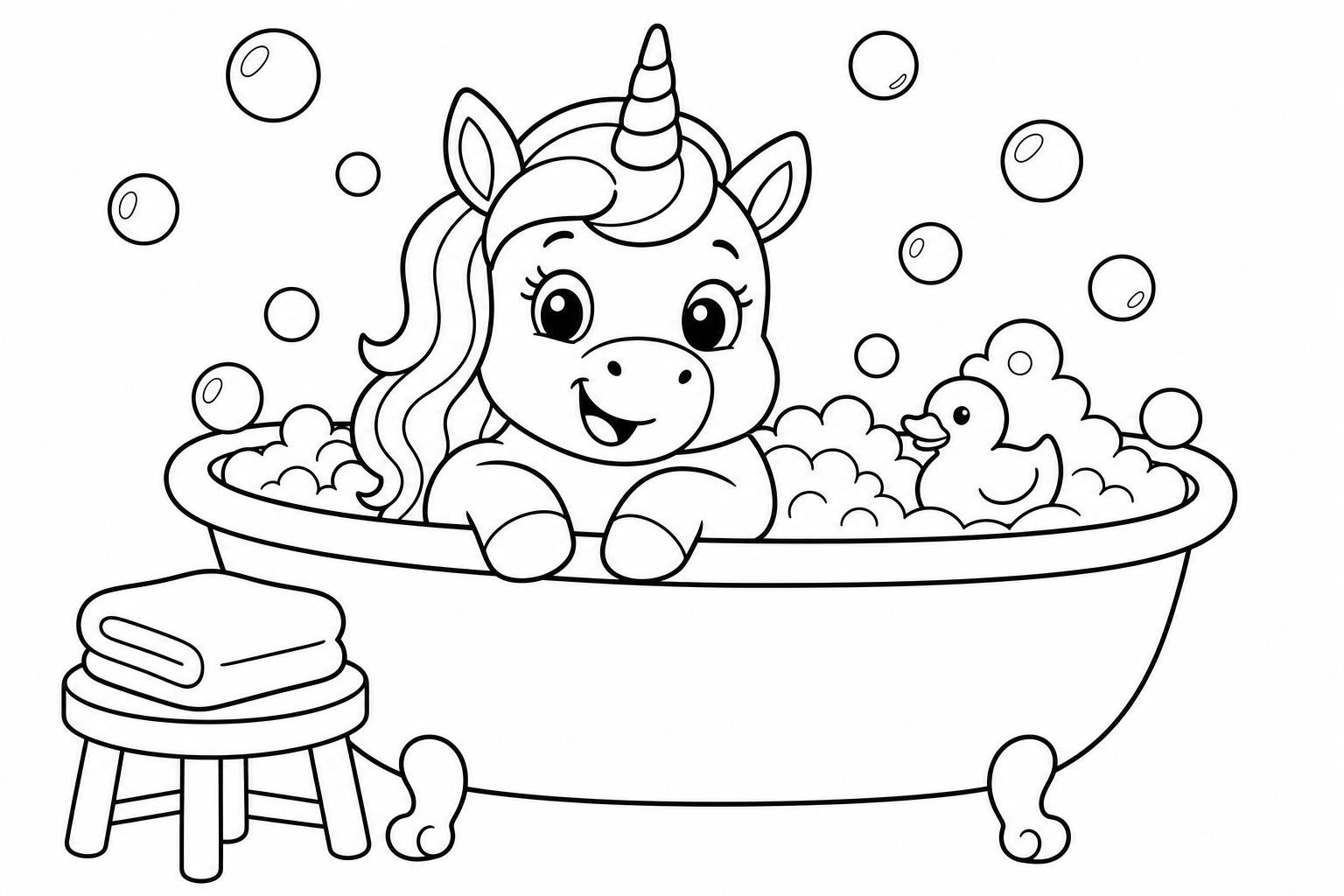 Unicorns bubble bath unicorn — classic unicorns coloring page (ages 5–10)