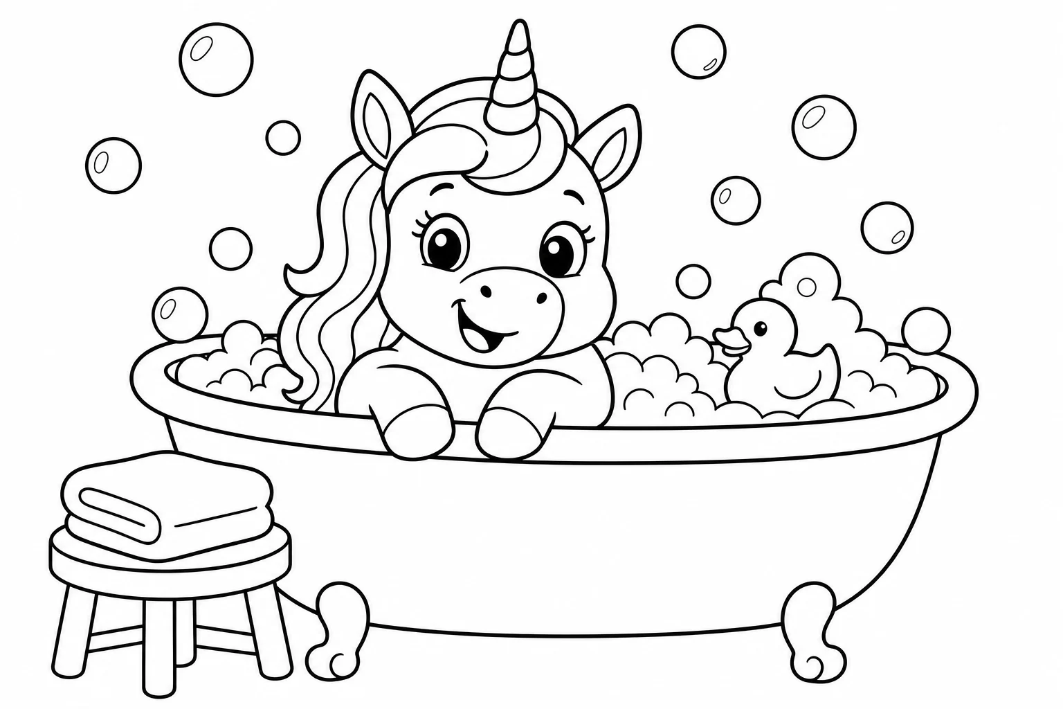 Unicorns bubble bath unicorn — classic unicorns coloring page (ages 5–10)