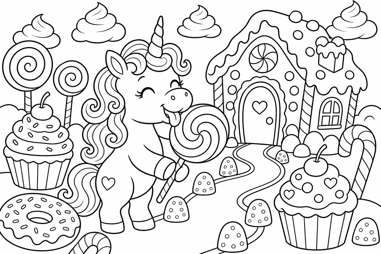 Unicorns candy land unicorn — classic unicorns coloring page (ages 5–10)