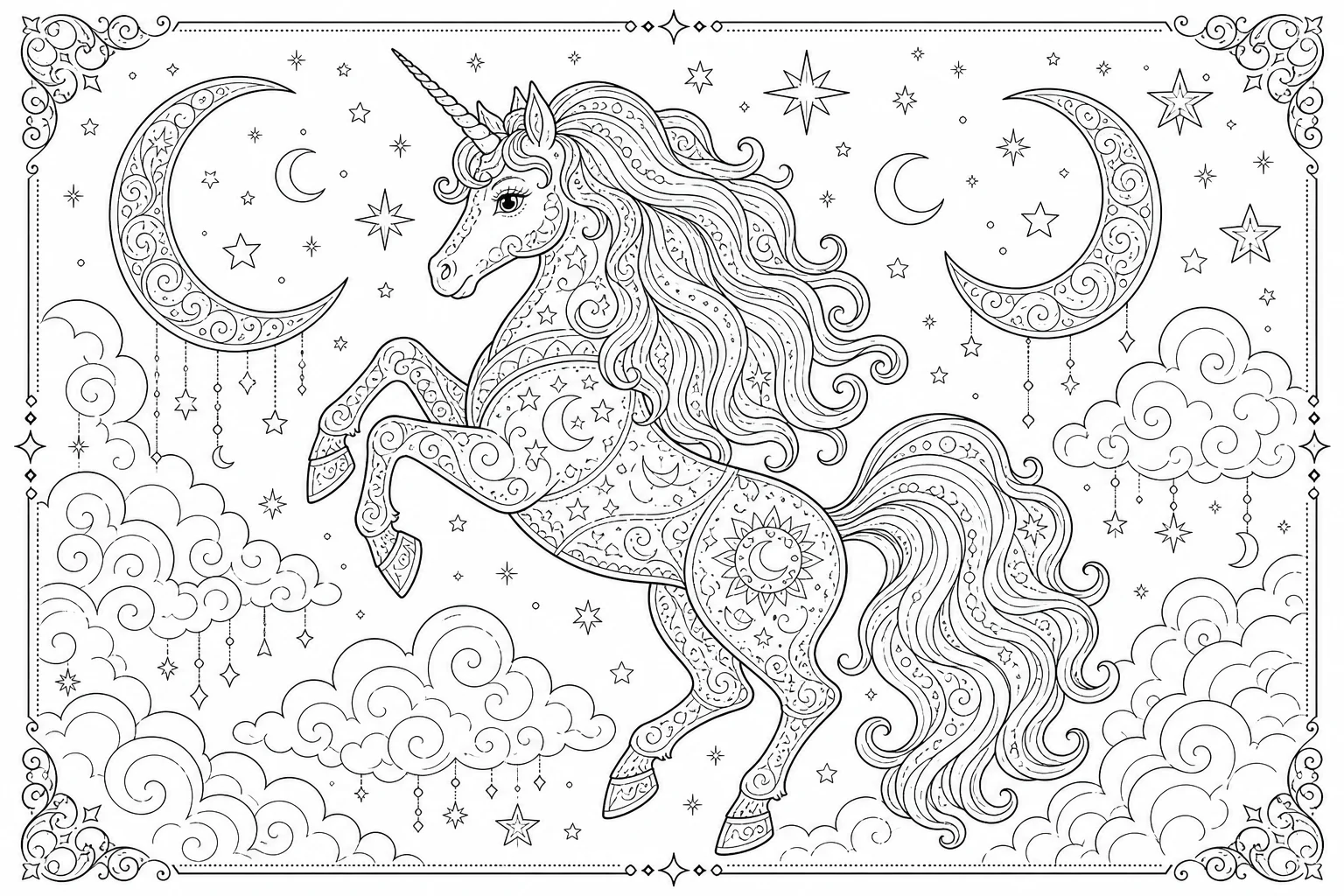 Unicorns celestial — detailed unicorns coloring page (ages 9+ & adults)