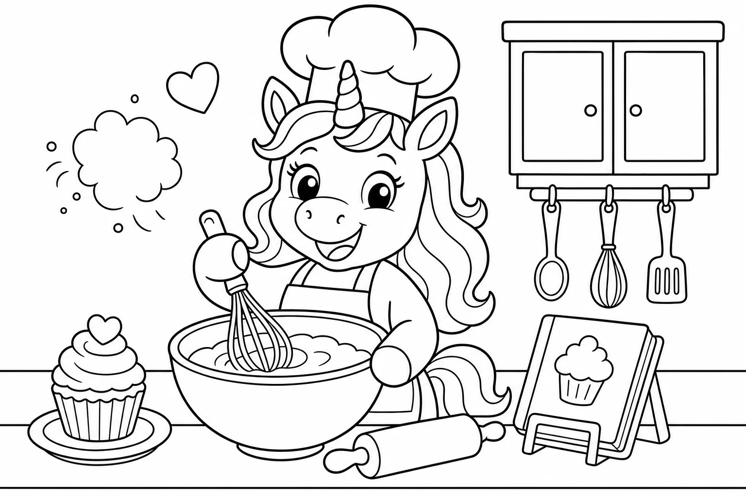 Unicorns chef unicorn — classic unicorns coloring page (ages 5–10)