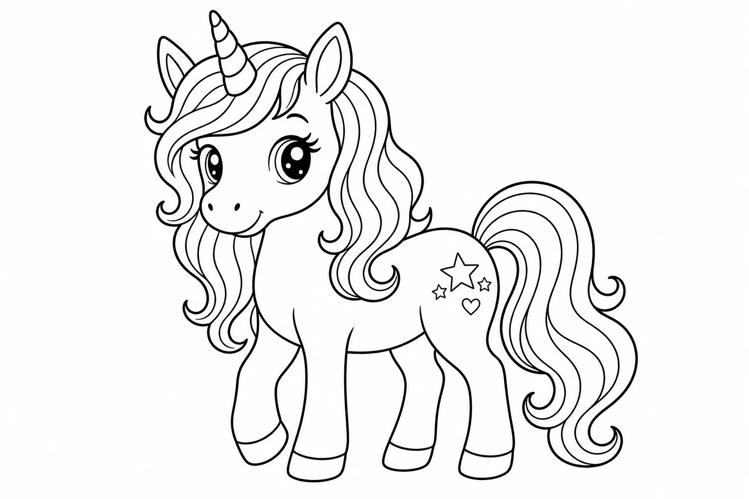 Unicorns cute standing — classic unicorns coloring page (ages 5–10)