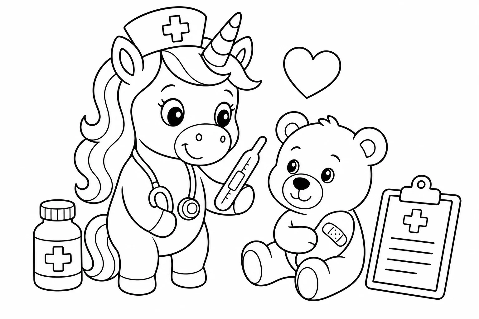 Unicorns doctor unicorn — classic unicorns coloring page (ages 5–10)