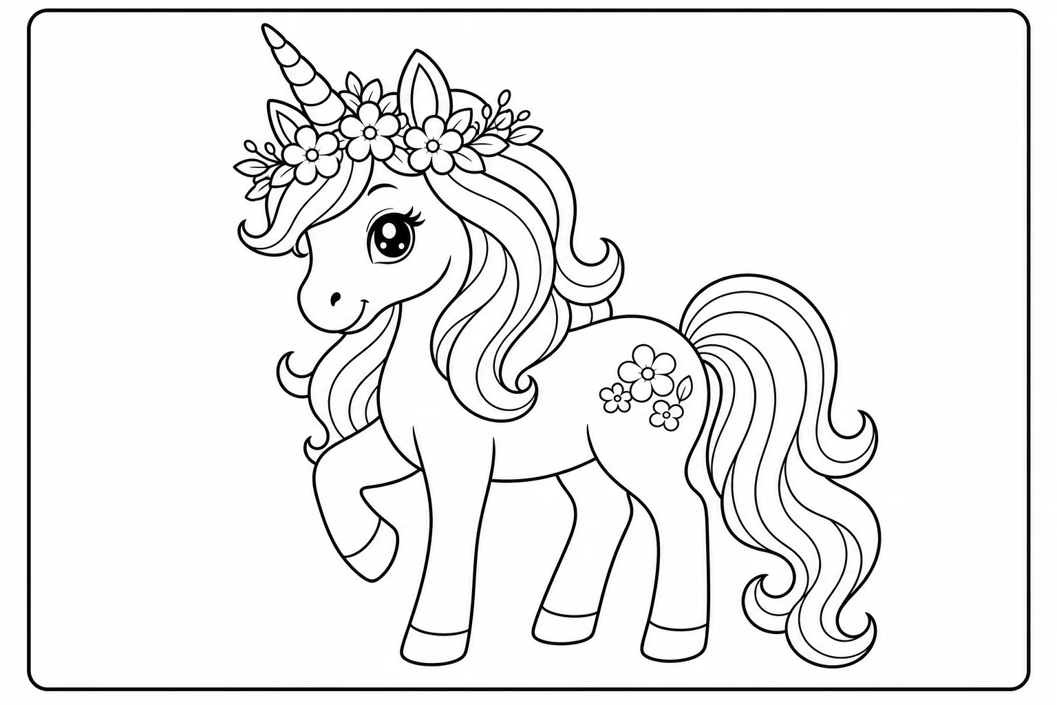 Unicorns flower crown — classic unicorns coloring page (ages 5–10)