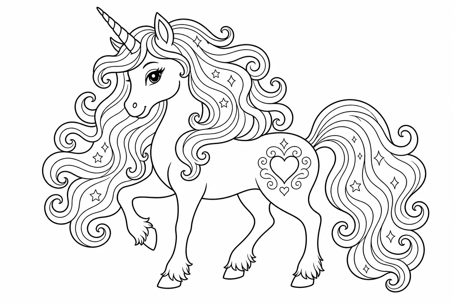 Unicorns flowing mane — classic unicorns coloring page (ages 5–10)