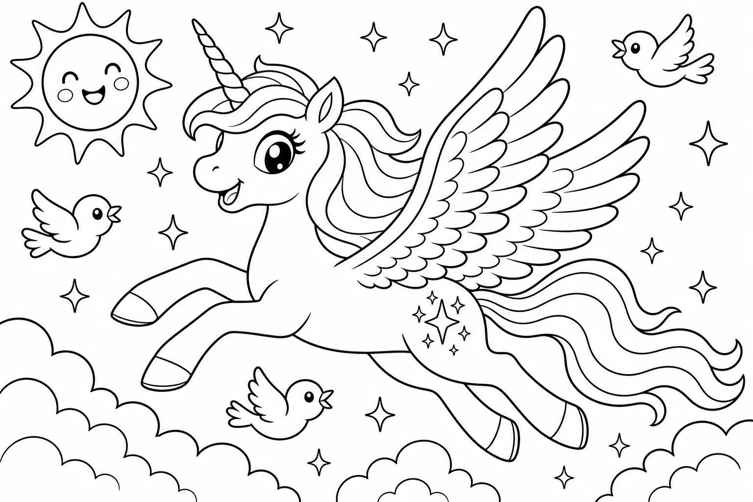 Unicorns flying winged unicorn — classic unicorns coloring page (ages 5–10)
