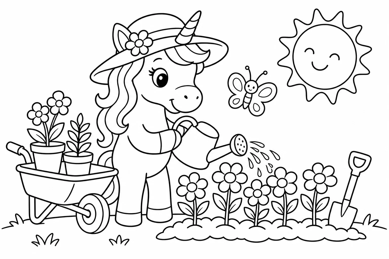 Unicorns gardening unicorn — classic unicorns coloring page (ages 5–10)