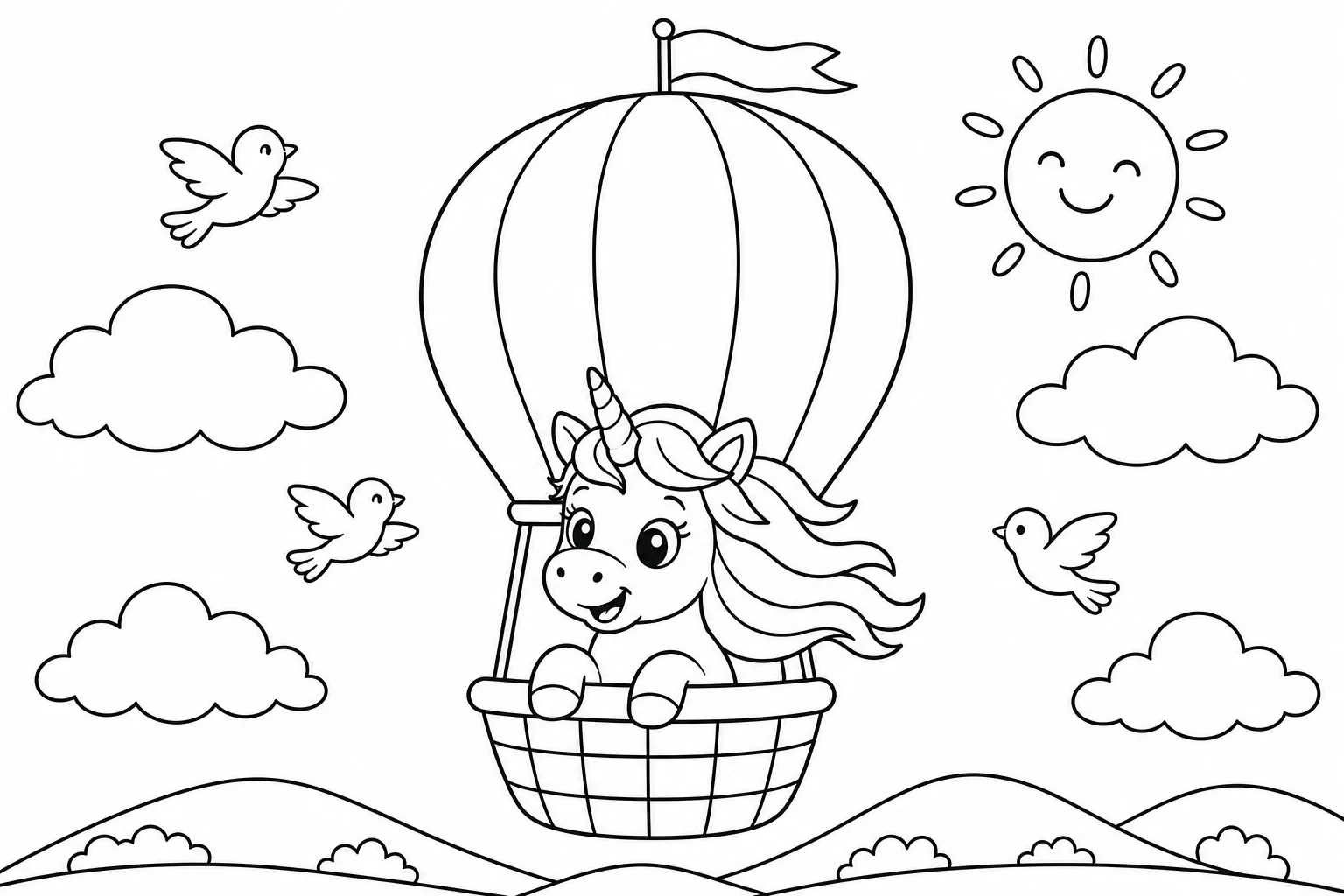 Unicorns hot air balloon — classic unicorns coloring page (ages 5–10)