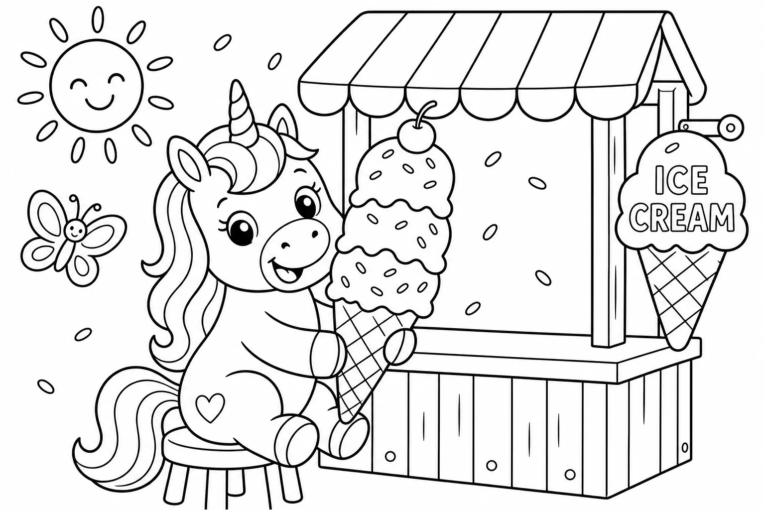 Unicorns ice cream unicorn — classic unicorns coloring page (ages 5–10)