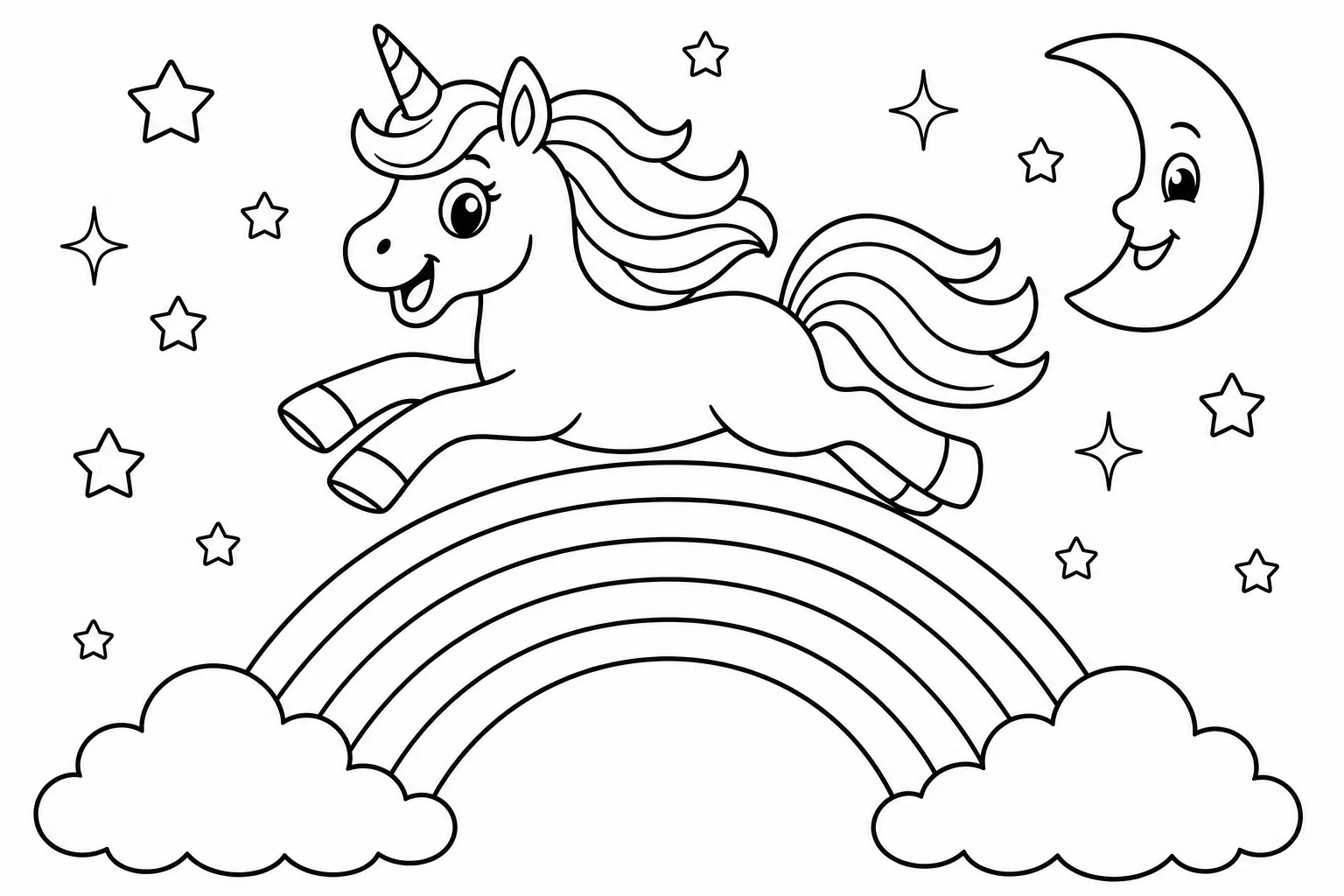 Unicorns jumping over rainbow — classic unicorns coloring page (ages 5–10)