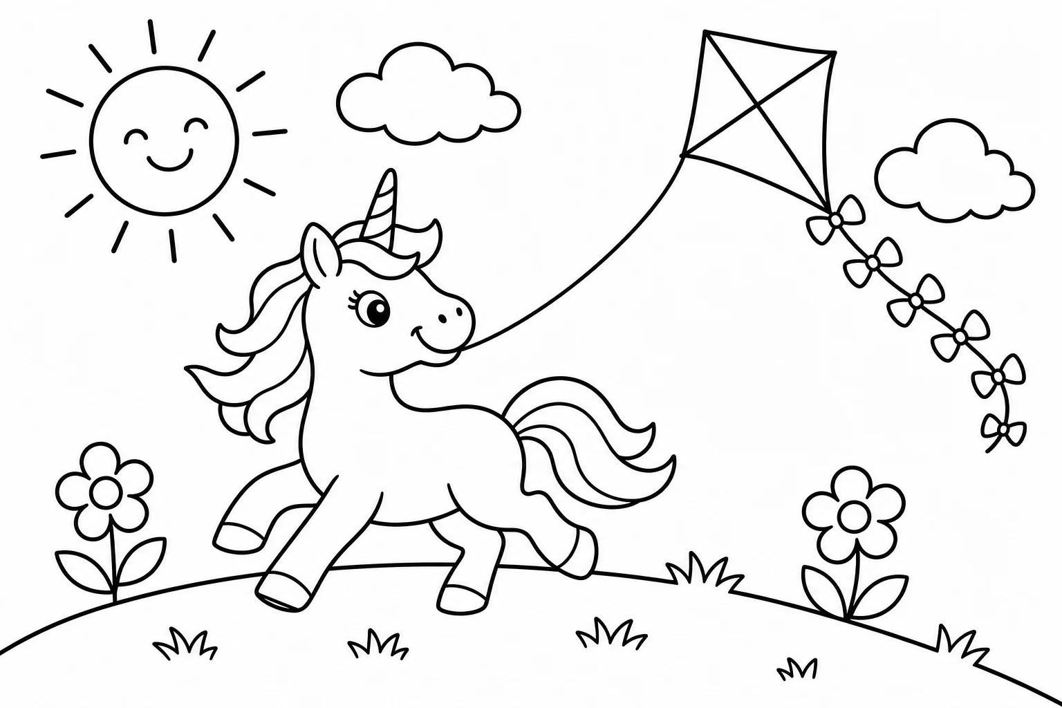 Unicorns kite unicorn — classic unicorns coloring page (ages 5–10)