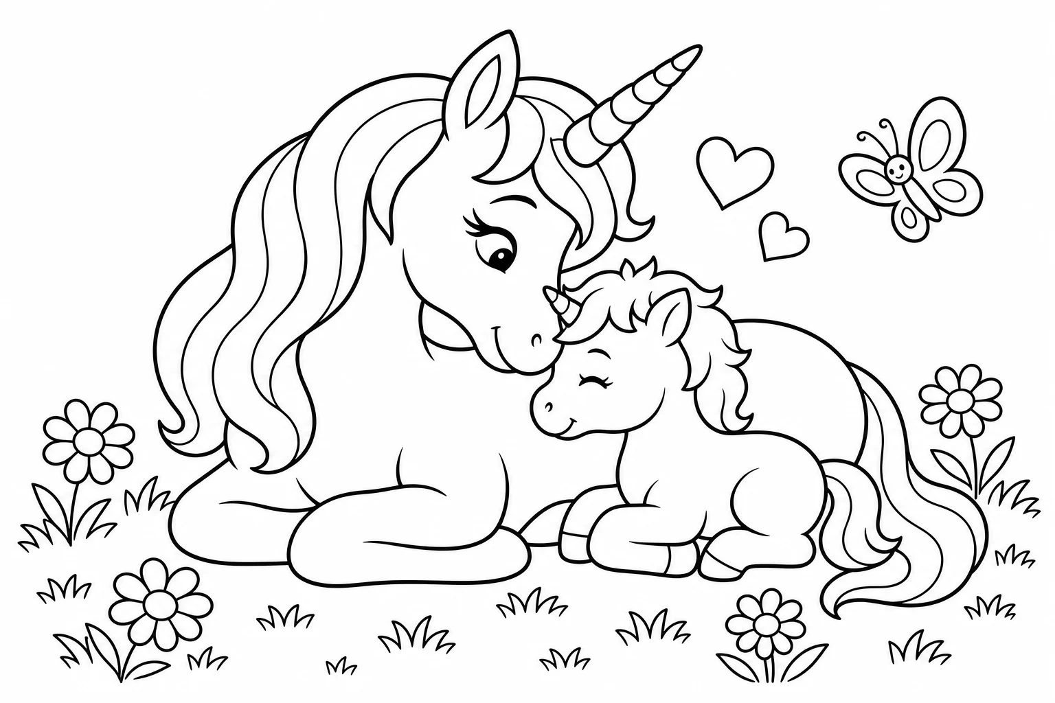 Unicorns mama baby unicorn — classic unicorns coloring page (ages 5–10)
