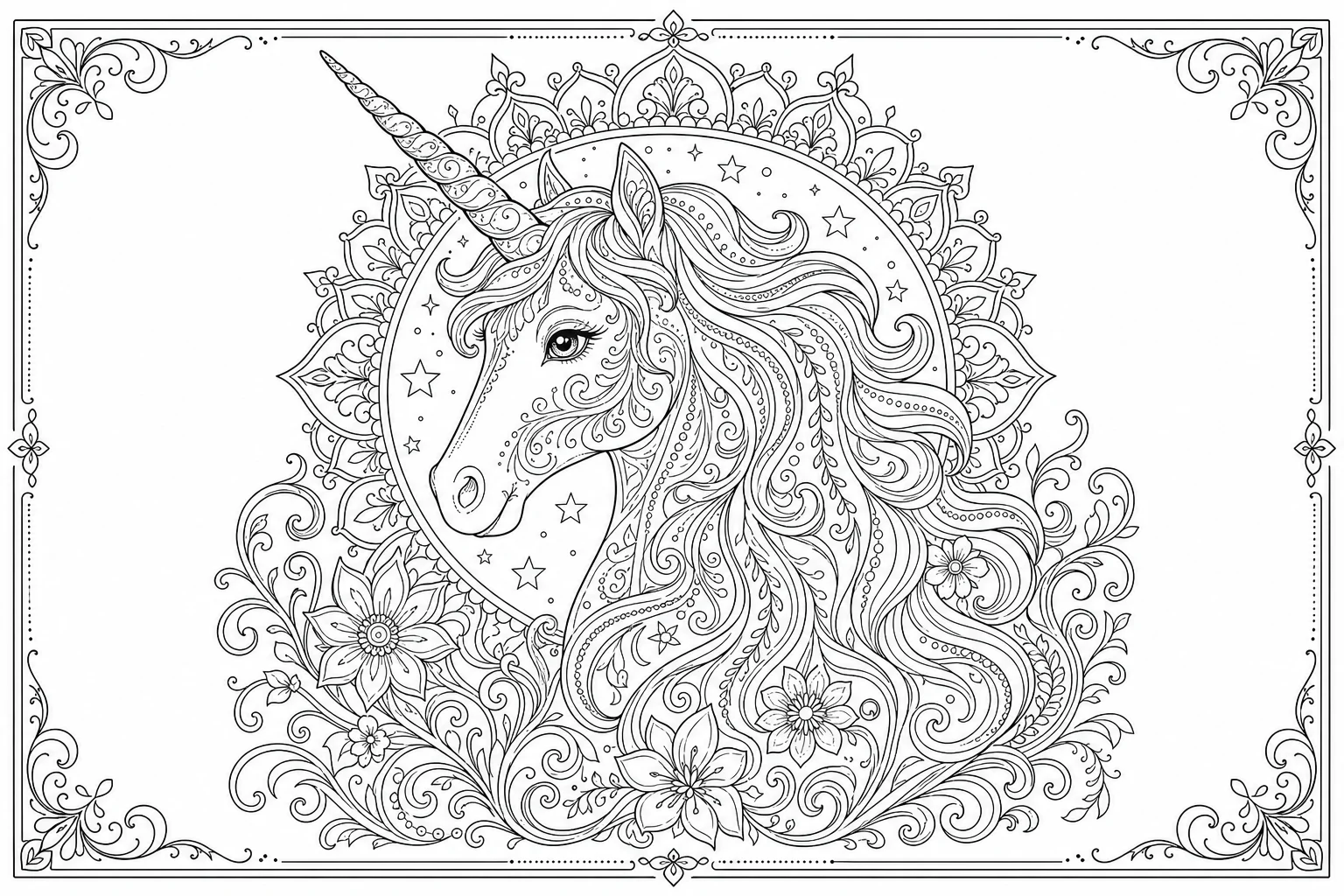 Unicorns mandala mane — detailed unicorns coloring page (ages 9+ & adults)