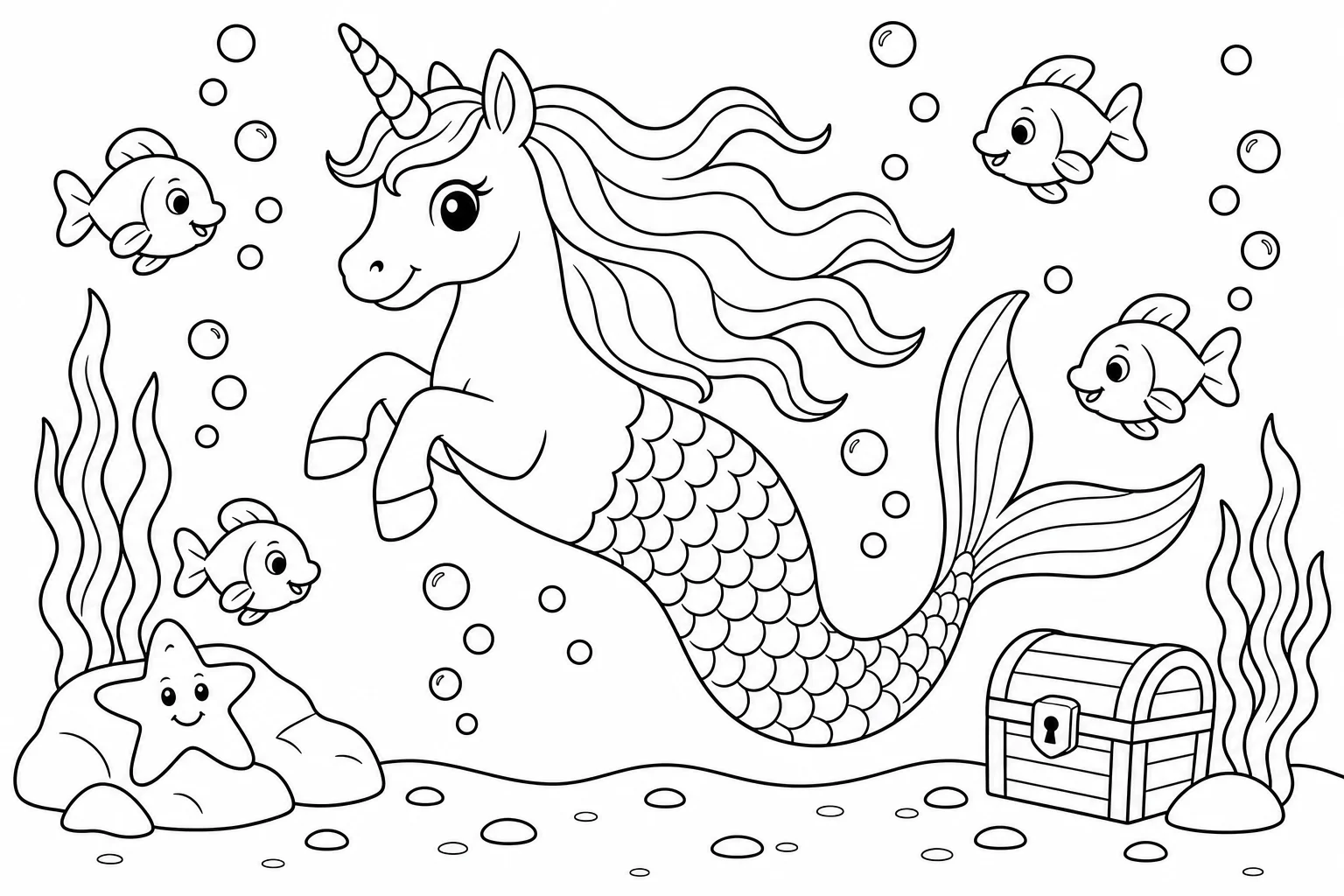 Unicorns mermaid unicorn — classic unicorns coloring page (ages 5–10)