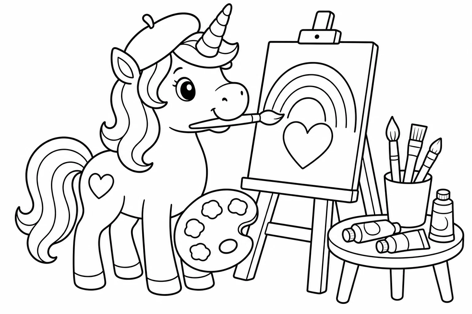 Unicorns painter unicorn — classic unicorns coloring page (ages 5–10)