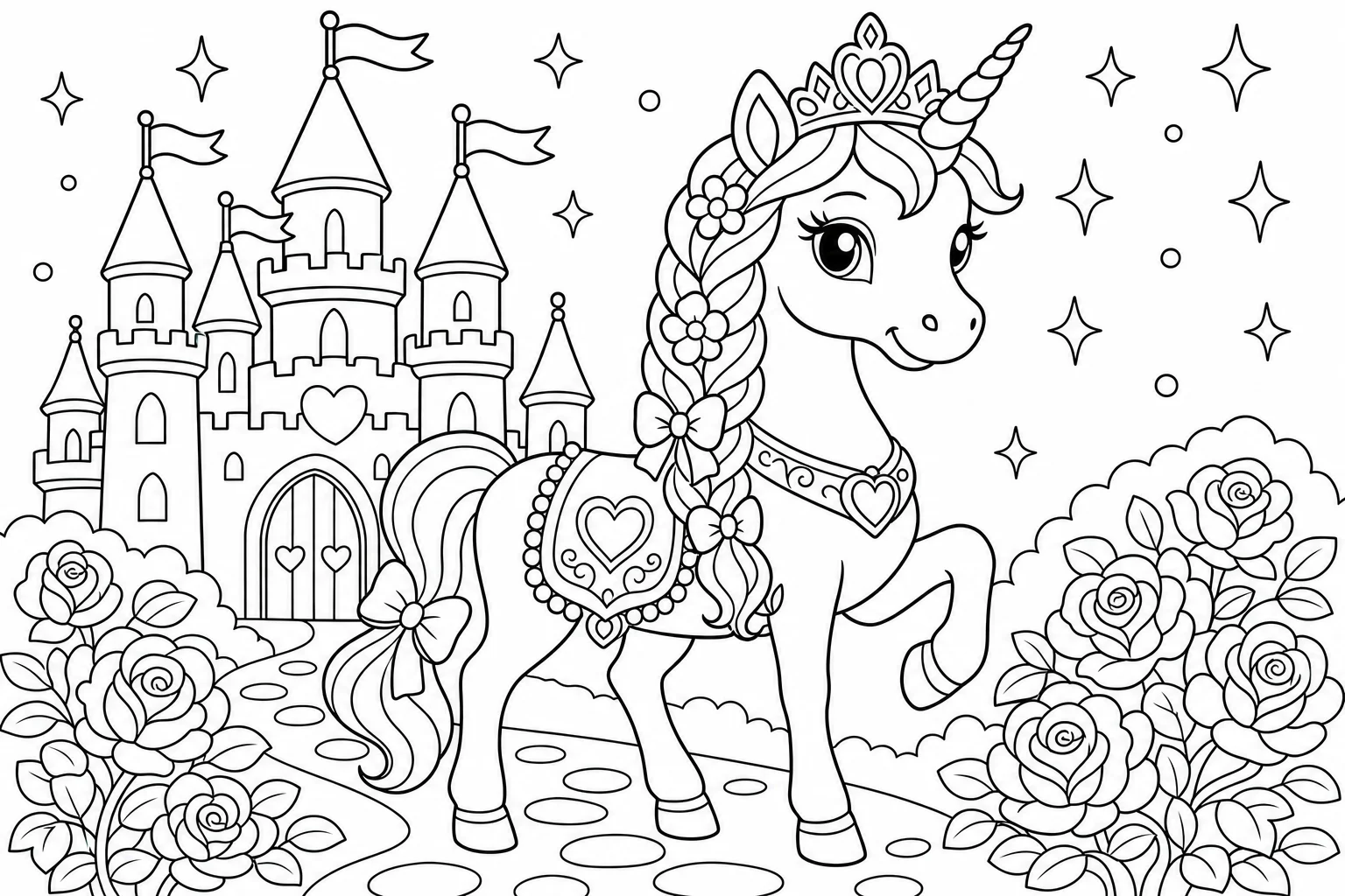 Unicorns princess unicorn castle — classic unicorns coloring page (ages 5–10)