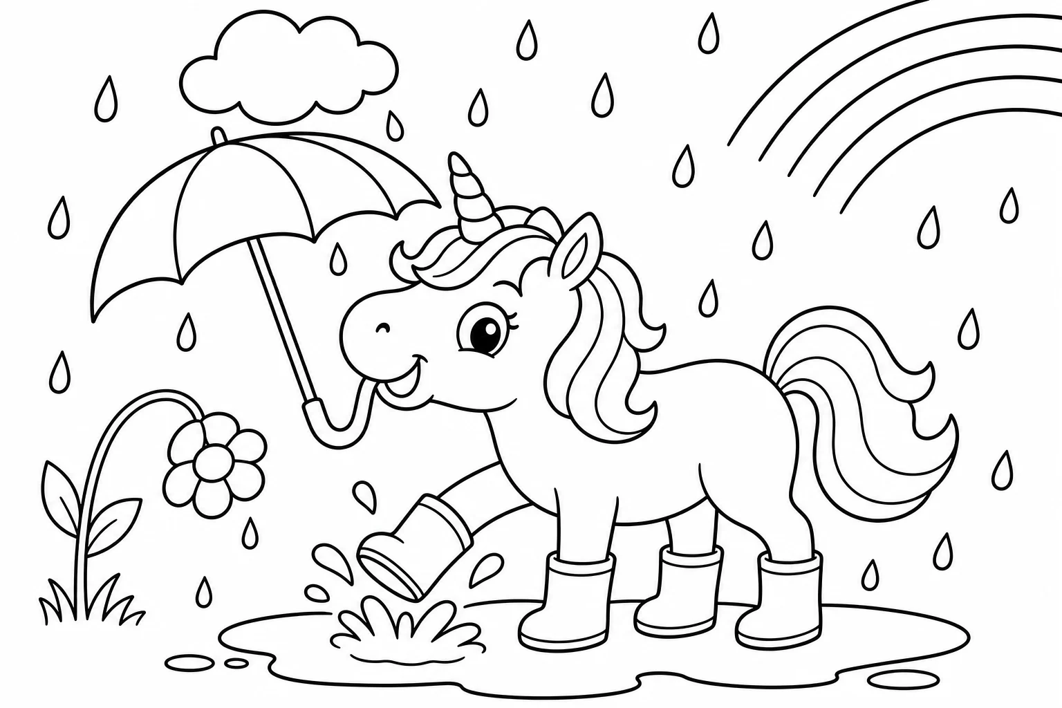 Unicorns rainy day unicorn — classic unicorns coloring page (ages 5–10)