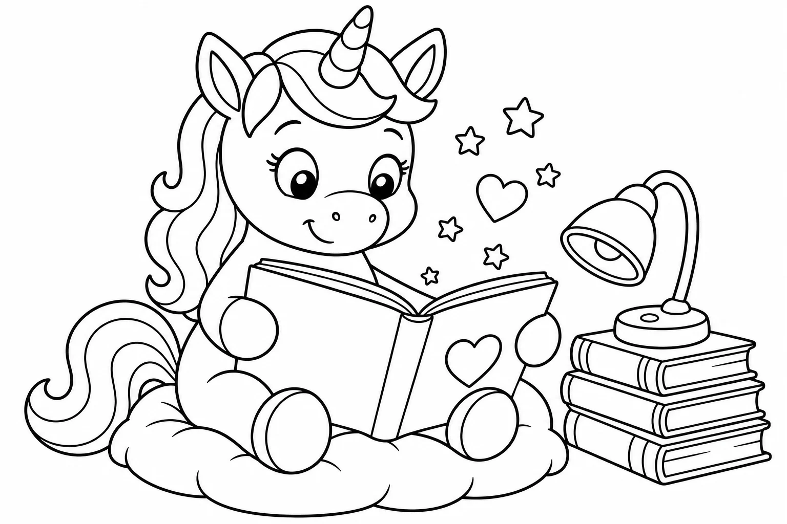 Unicorns reading unicorn — classic unicorns coloring page (ages 5–10)